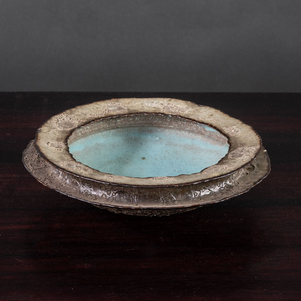 Deirdre Burnett, own studio, UK, unique stoneware bowl with brown and turquoise glaze K2173
