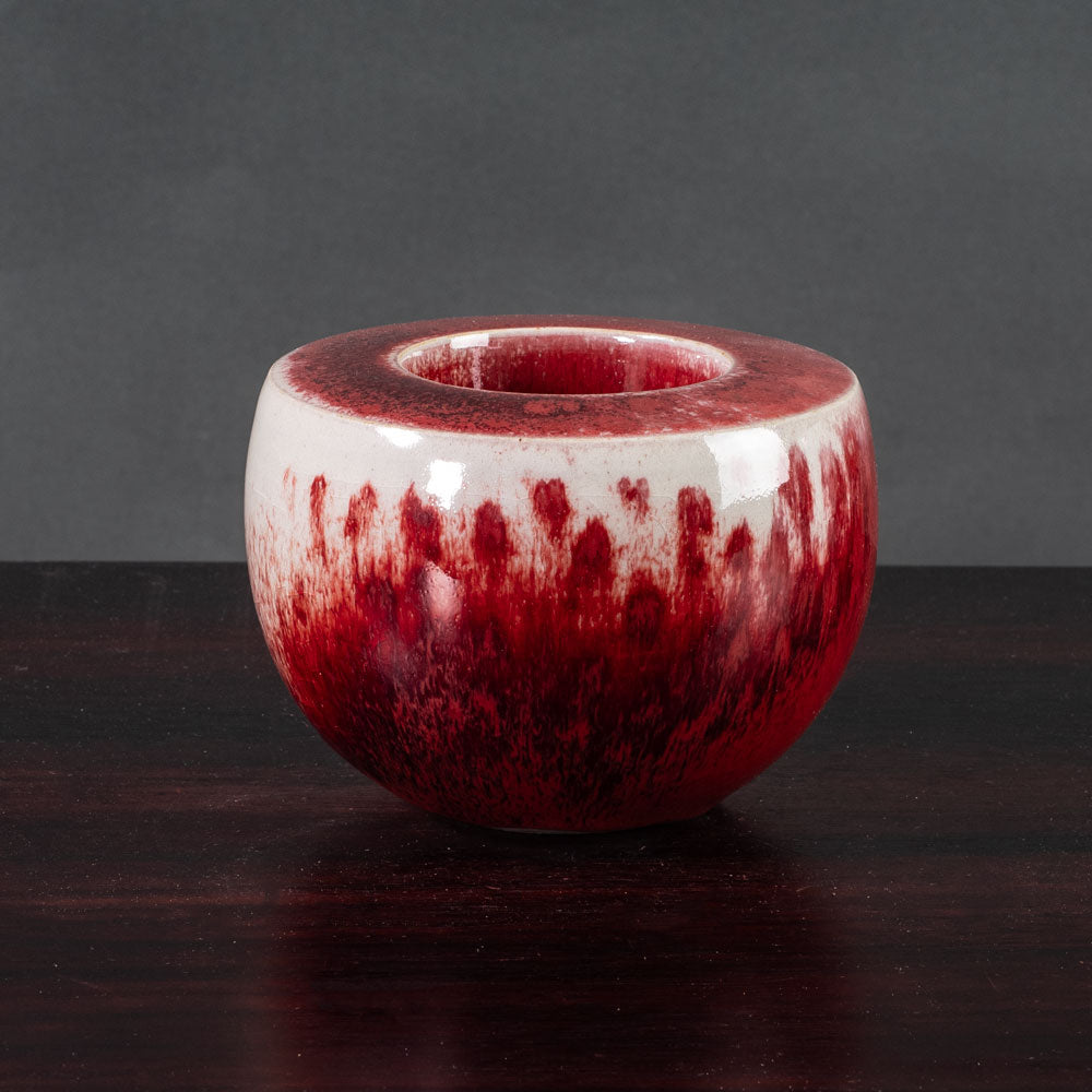 Antje Wiewinner, Germany, unique stoneware sculptural bowl with glossy oxblood and gray glaze K2805