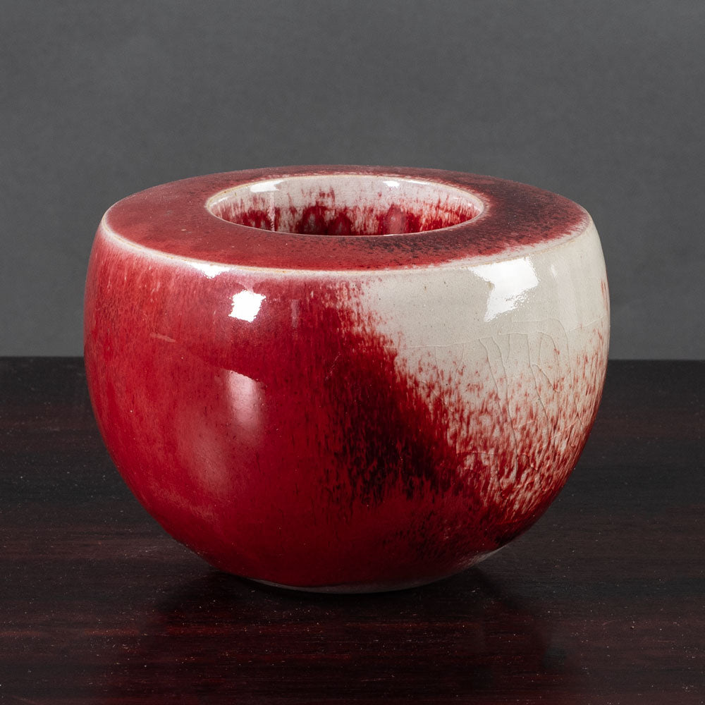 Antje Wiewinner, Germany, unique stoneware sculptural bowl with glossy oxblood and gray glaze K2805