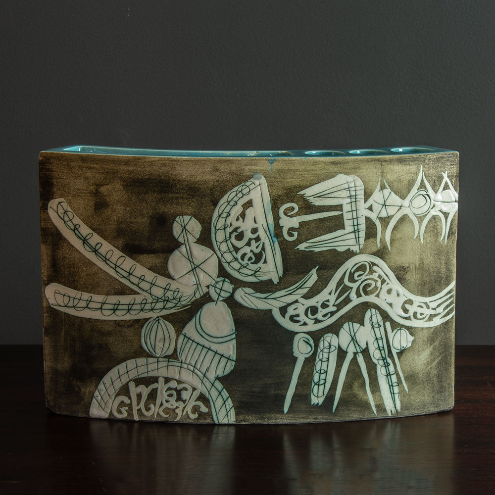 Gilbert Portanier, France, multi-opening ceramic vase with turquoise glaze and sgraffito illustration H1573