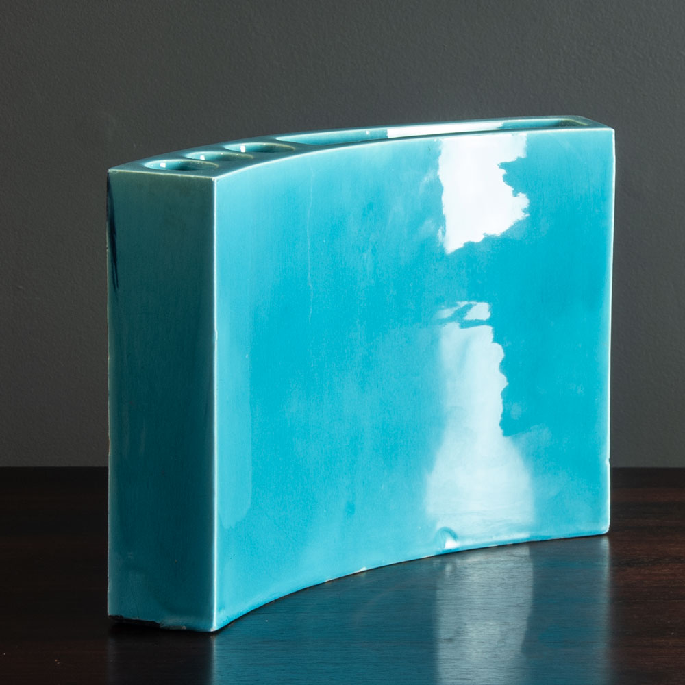 Gilbert Portanier, France, multi-opening ceramic vase with turquoise glaze and sgraffito illustration H1573