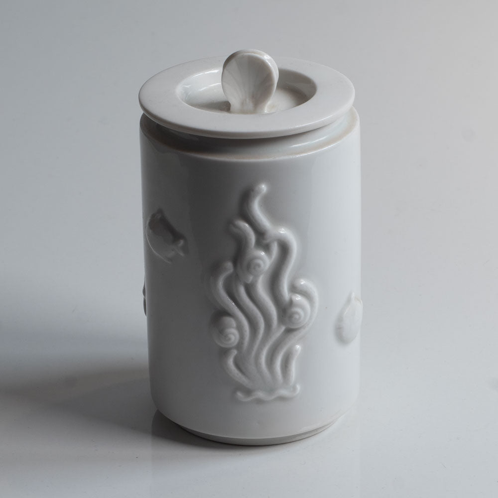 White porcelain lidded jar by Arno Malinowski for Royal Copenhagen K2744