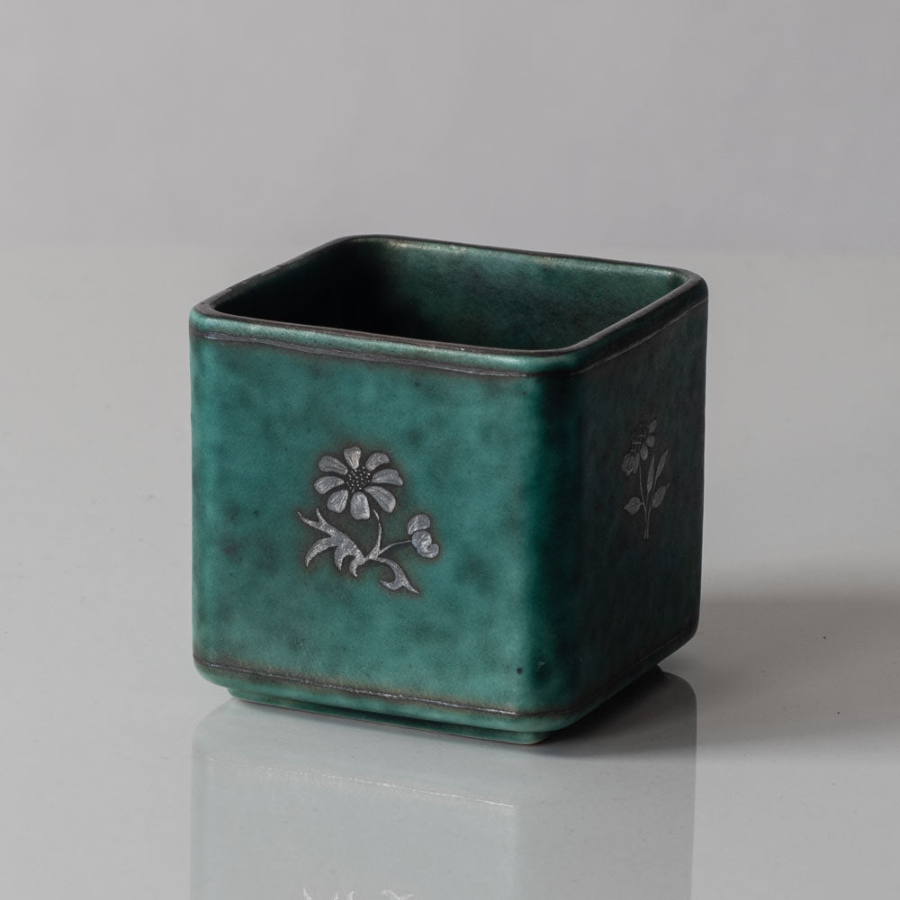 Wilhelm Kåge for Gustavsberg, "Argenta" square vase  with green matte glaze with silver decoration L3080