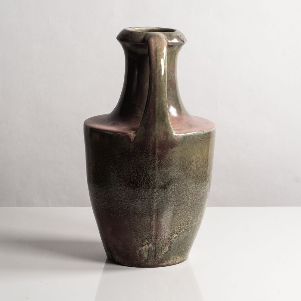 Karl Svensson, Höganäs, Sweden, porcelain handled urn with green and pink glaze J1450