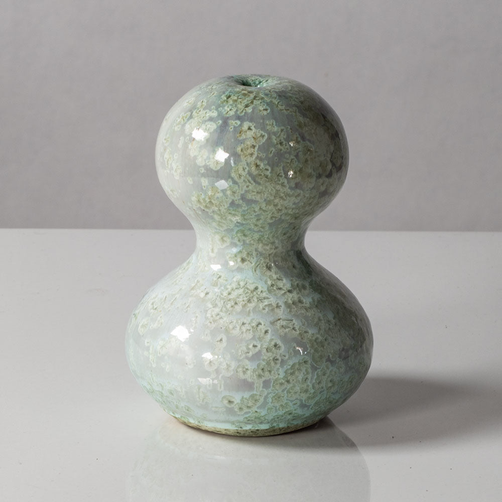 Horst Kerstan, Germany, unique double gourd vase with glossy blue-green and off white crysalline glaze K2814