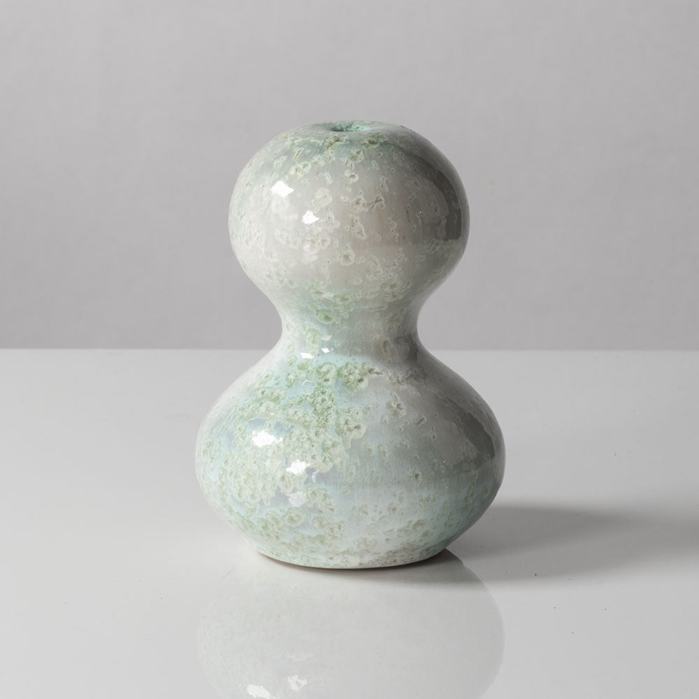 Horst Kerstan, Germany, unique double gourd vase with glossy blue-green and off white crysalline glaze K2814