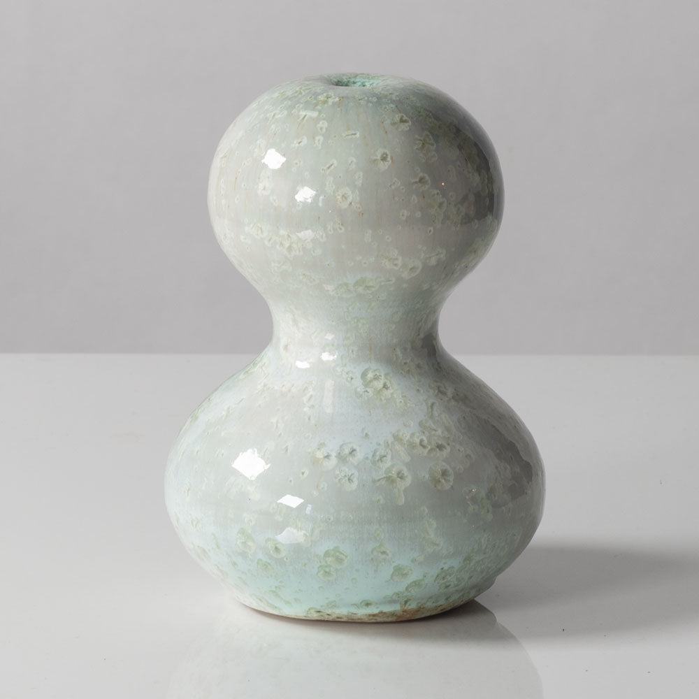 Horst Kerstan, Germany, unique double gourd vase with glossy blue-green and off white crysalline glaze K2814