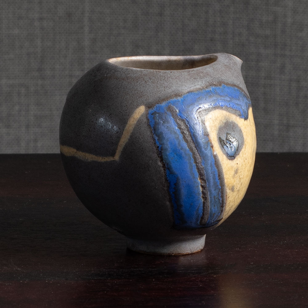 Beate Kuhn, Germany, unique stoneware pitcher with gray yellow and blue glaze L3979