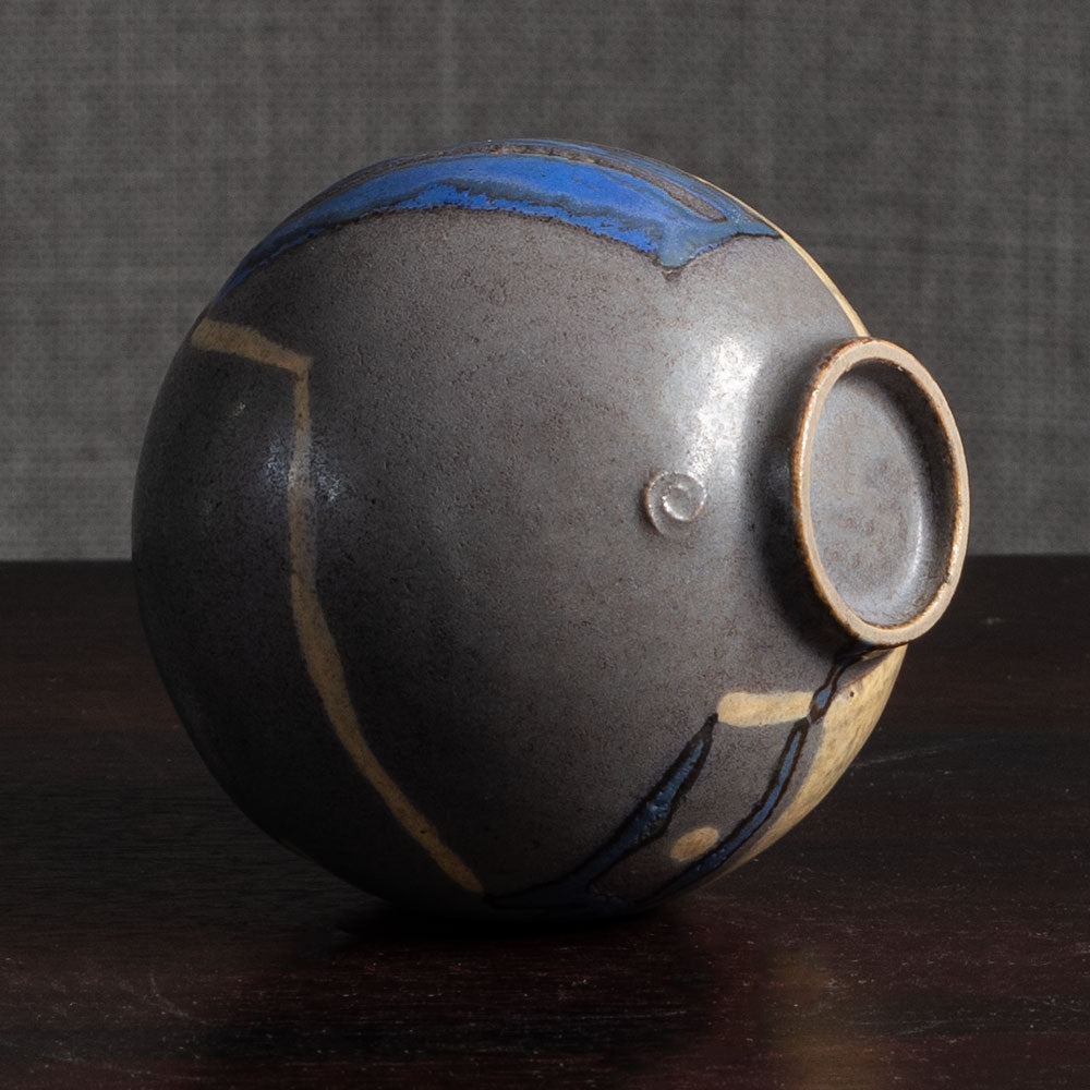 Beate Kuhn, Germany, unique stoneware pitcher with gray yellow and blue glaze L3979