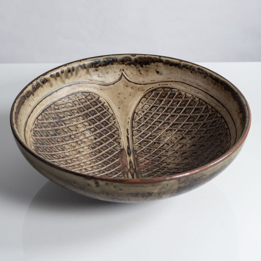 Gerd Bøgelund for Royal Copenhagen, Denmark, stoneware bowl with pomegranate motif and Sung glaze L3903