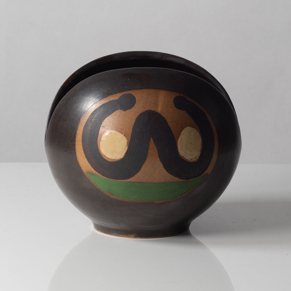 Walburga Külz, Germany, round vessel with brown and green decoration K2907