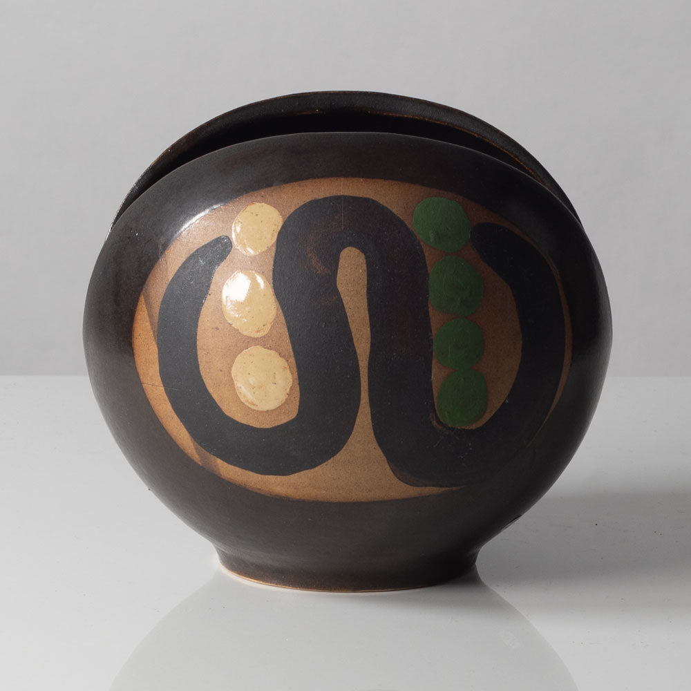 Walburga Külz, Germany, round vessel with brown and green decoration K2907