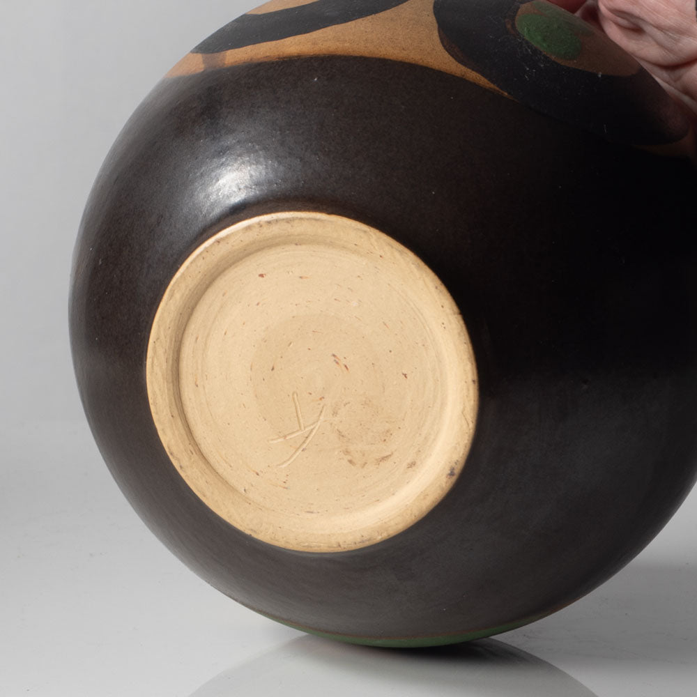 Walburga Külz, Germany, round vessel with brown and green decoration K2907