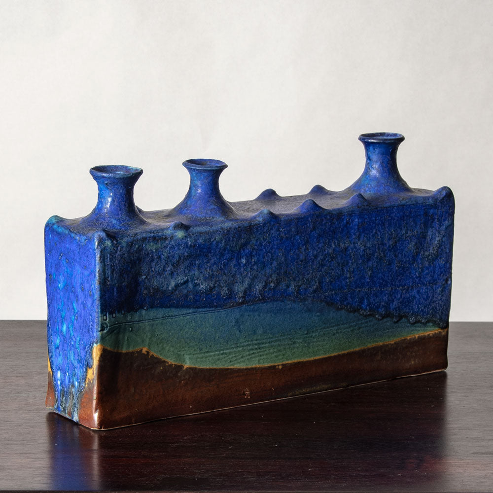 Francesca Mascitti Lindh for Arabia, Finland, multi-opening rectangular vase with blue and brown glaze H1266