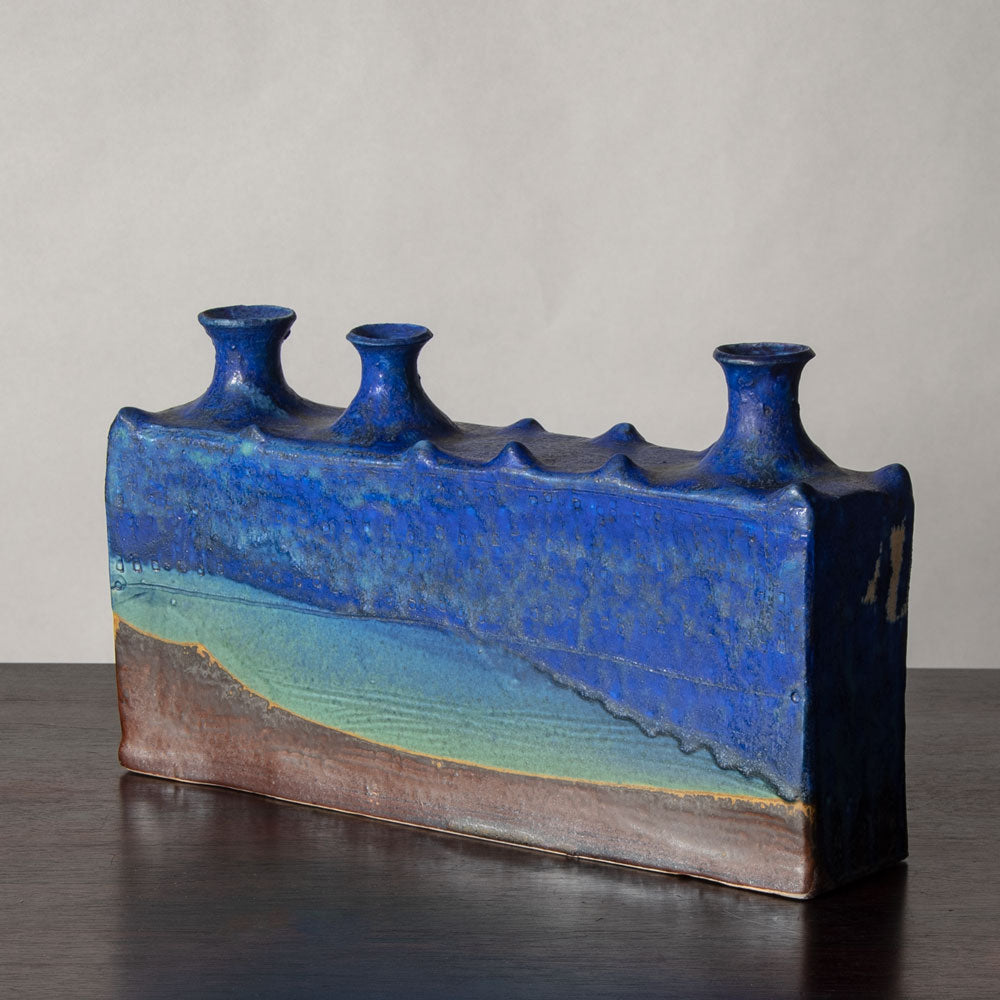 Francesca Mascitti Lindh for Arabia, Finland, multi-opening rectangular vase with blue and brown glaze H1266