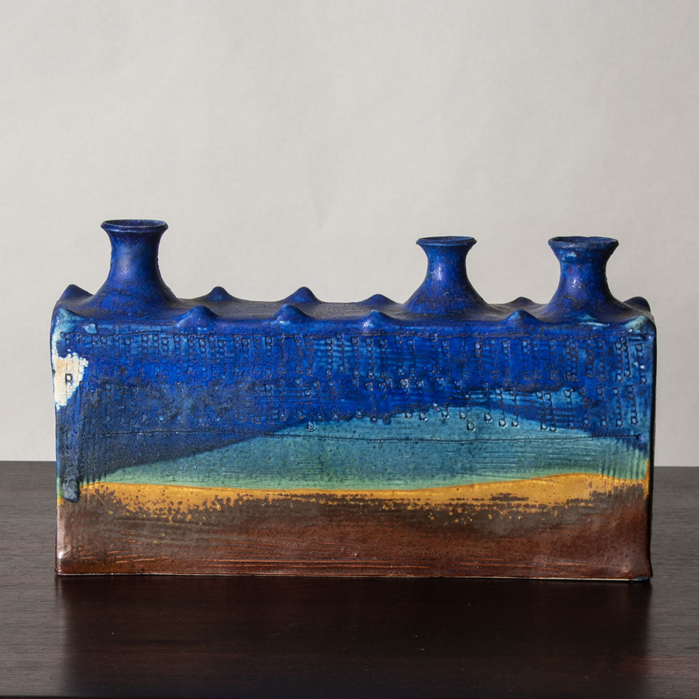 Francesca Mascitti Lindh for Arabia, Finland, multi-opening rectangular vase with blue and brown glaze H1266
