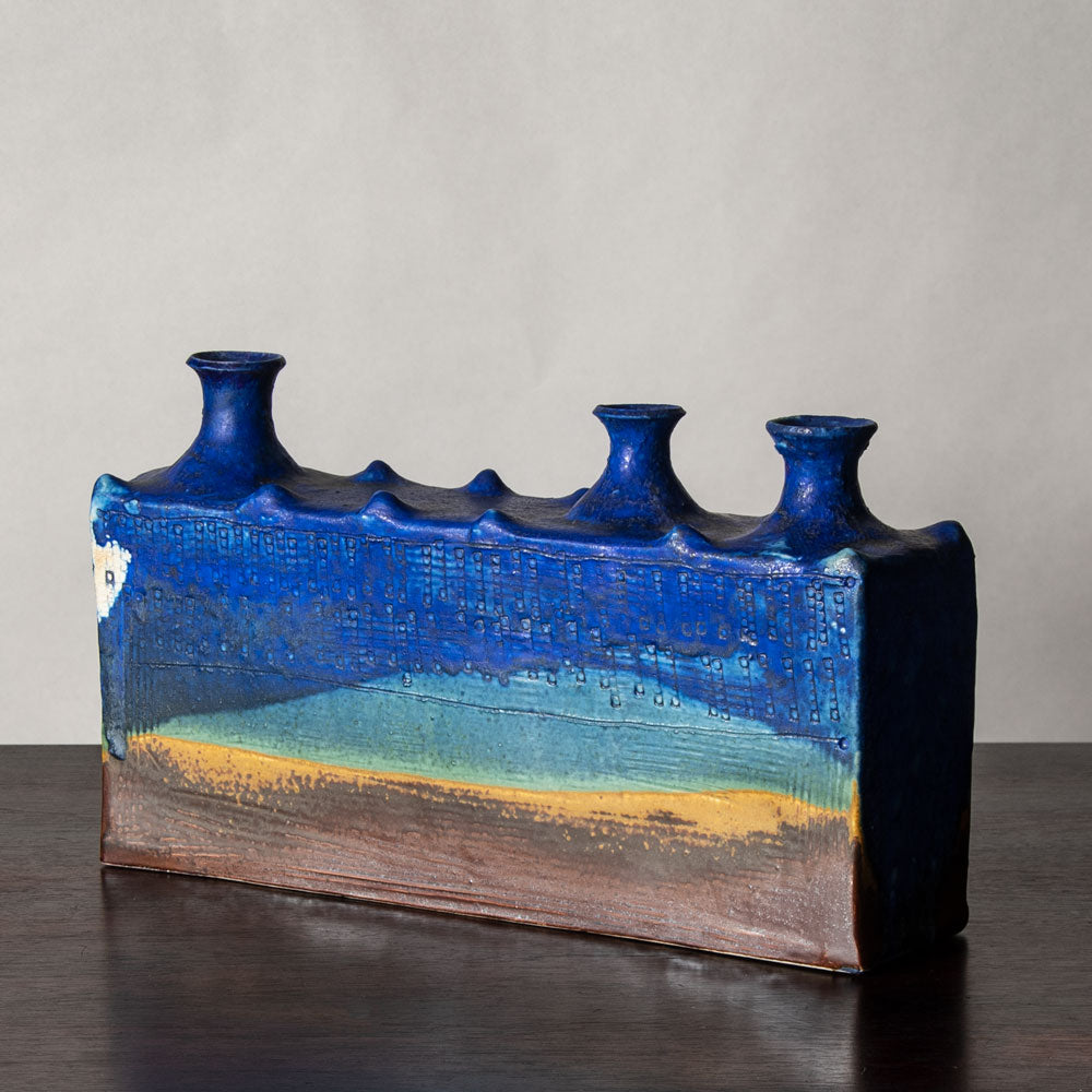 Francesca Mascitti Lindh for Arabia, Finland, multi-opening rectangular vase with blue and brown glaze H1266