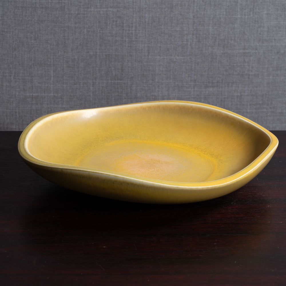 Berndt Friberg for Gustavsberg, Sweden, unique stoneware bowl with yellow haresfur glaze L3561