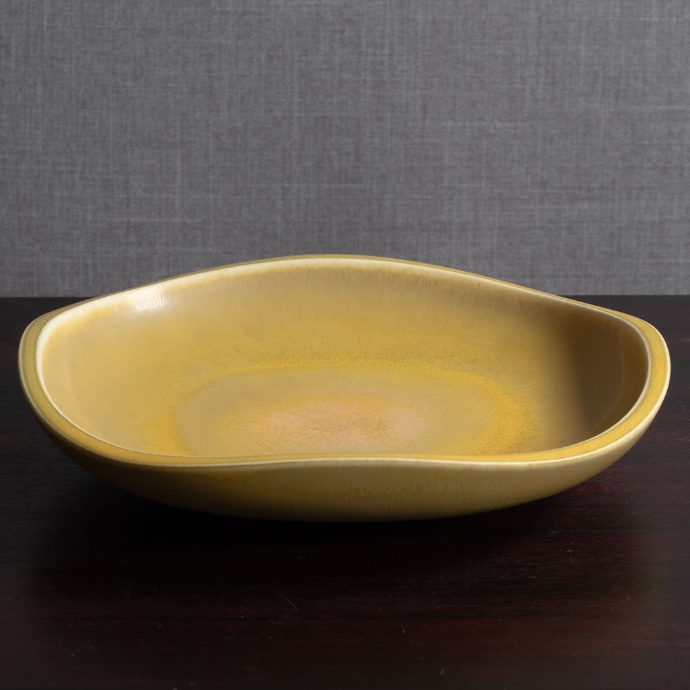 Berndt Friberg for Gustavsberg, Sweden, unique stoneware bowl with yellow haresfur glaze L3561