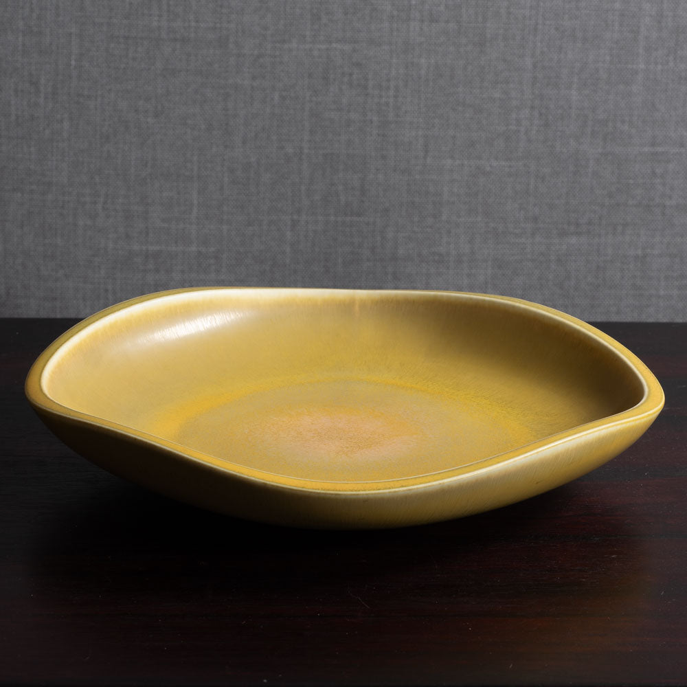 Berndt Friberg for Gustavsberg, Sweden, unique stoneware bowl with yellow haresfur glaze L3561