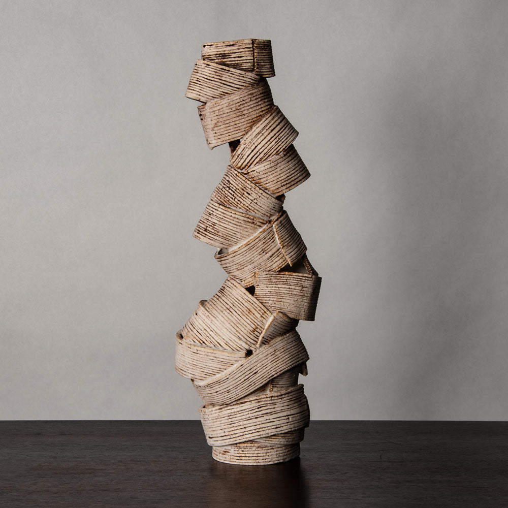 Bronwen Grieves, UK unique stoneware sculpture with matte white and brown glaze J1028