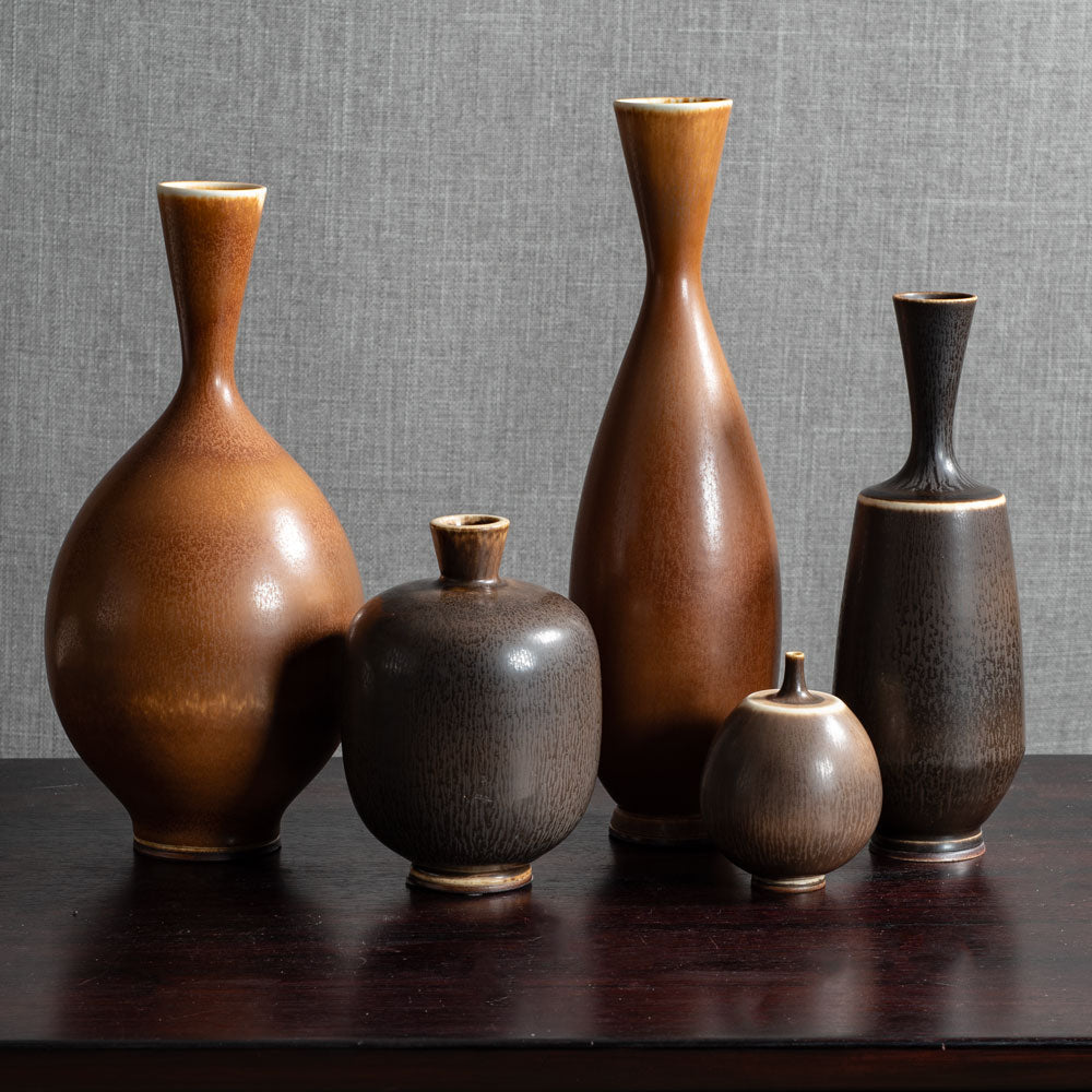 Group of vases with brown haresfur glaze by Berndt Friberg for Gustavsberg, Sweden