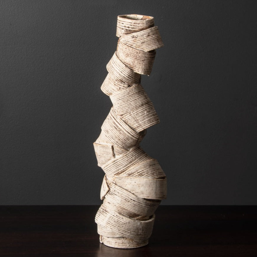 Bronwen Grieves, UK unique stoneware sculpture with matte white and brown glaze J1028