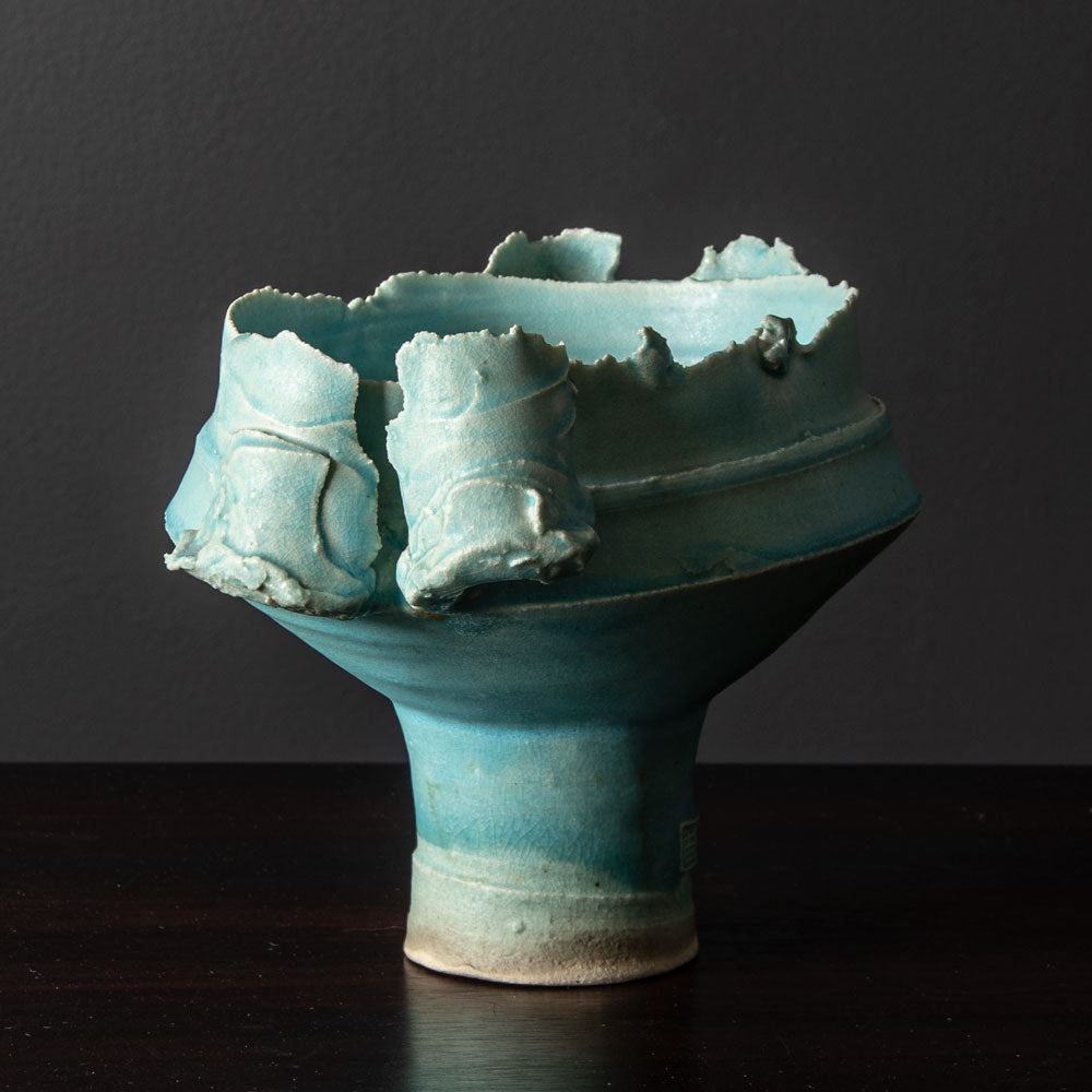 Colin Pearson, UK unique stoneware "Winged Form" bowl with pale blue glaze J1225