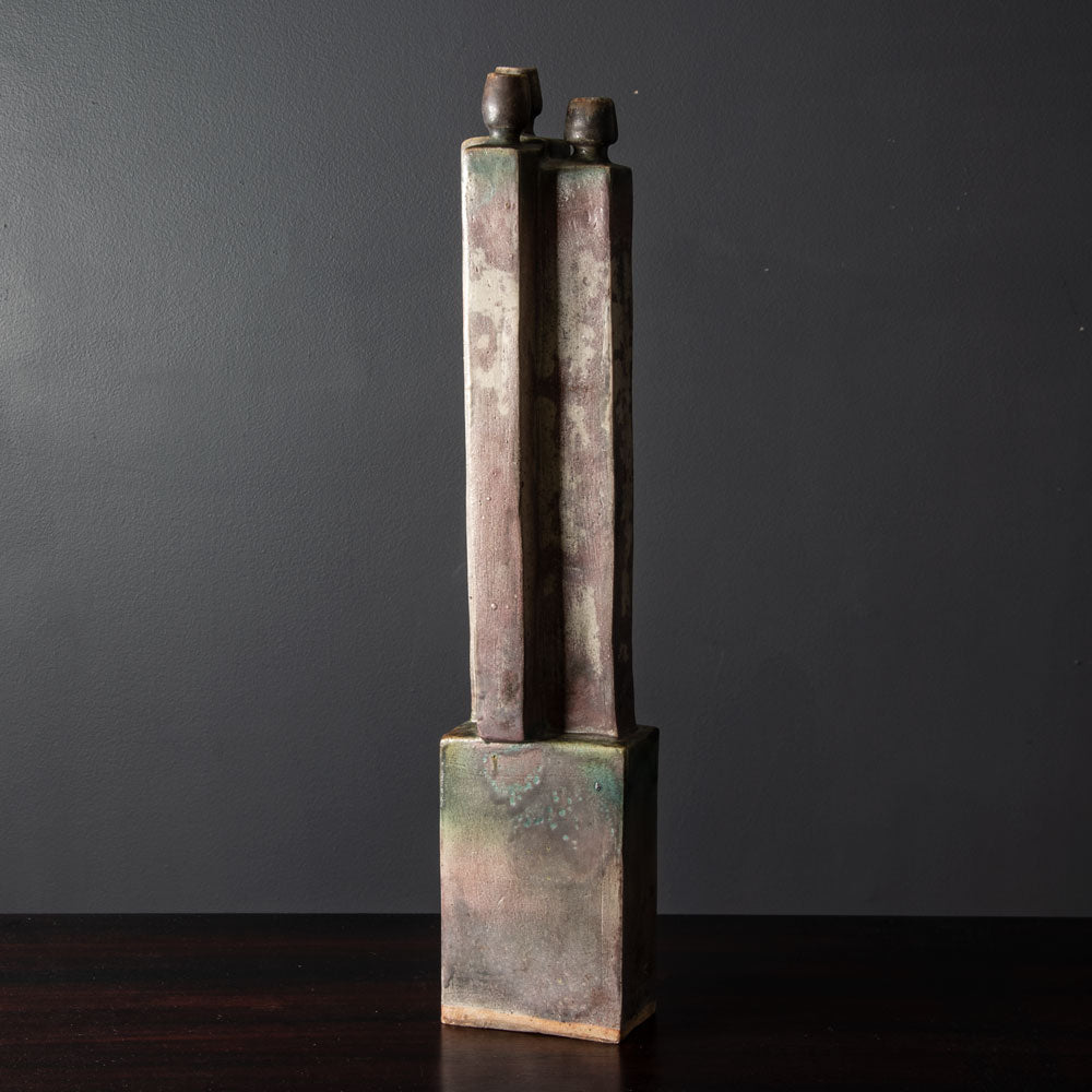 Ingeborg and Bruno Asshoff, Germany, unique multi-opening stoneware vase with pink, blue and gray glaze J1215