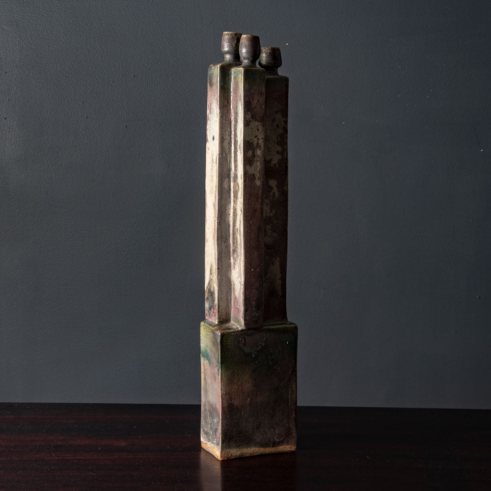 Ingeborg and Bruno Asshoff, Germany, unique multi-opening stoneware vase with pink, blue and gray glaze J1215