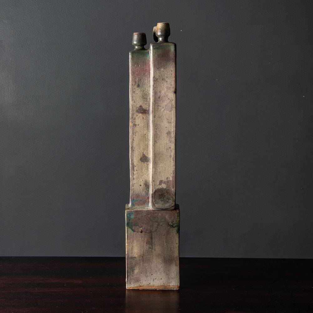 Ingeborg and Bruno Asshoff, Germany, unique multi-opening stoneware vase with pink, blue and gray glaze J1215