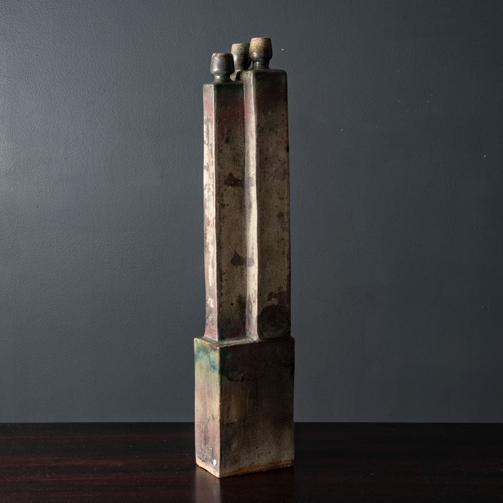 Ingeborg and Bruno Asshoff, Germany, unique multi-opening stoneware vase with pink, blue and gray glaze J1215
