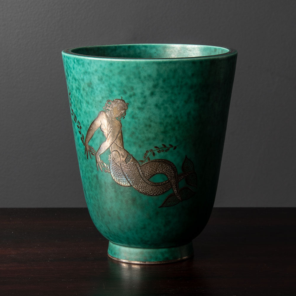 Wilhelm Kåge for Gustavsberg, Sweden "Argenta" vase with mermaid decoration in silver H1585