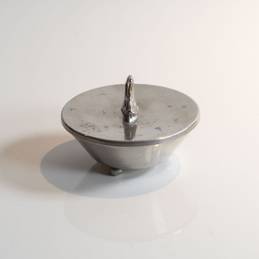 Swedish pewter footed, lidded jar with fish figure handle M4194