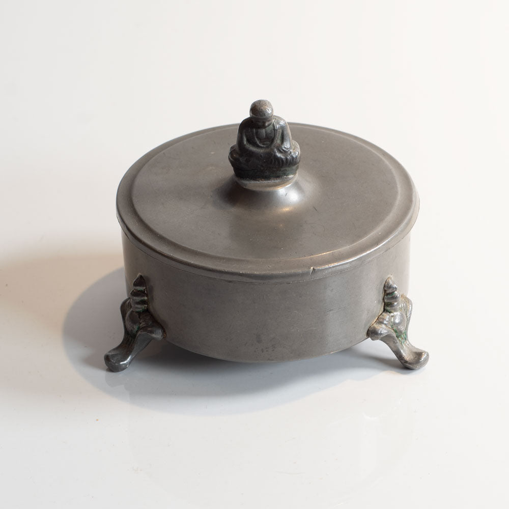 Swedish pewter footed, lidded jar with figure handle C3819