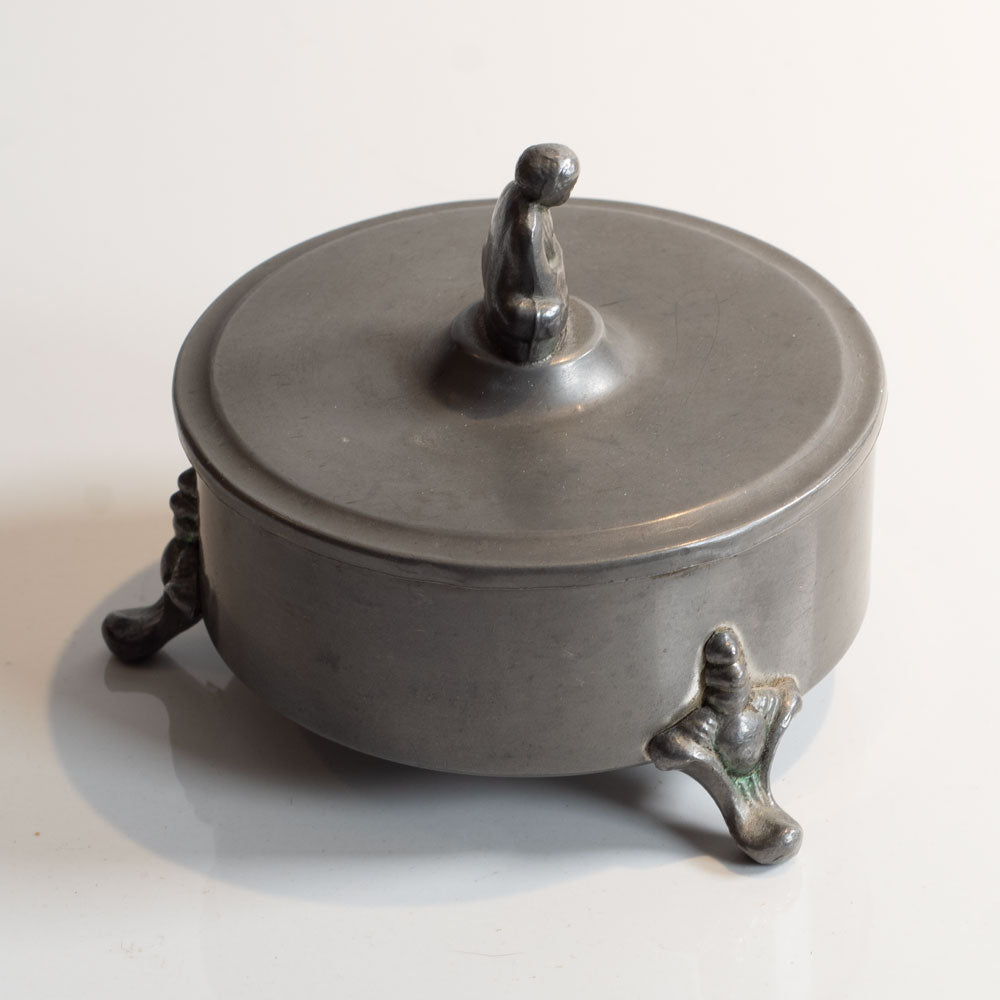 Swedish pewter footed, lidded jar with figure handle C3819