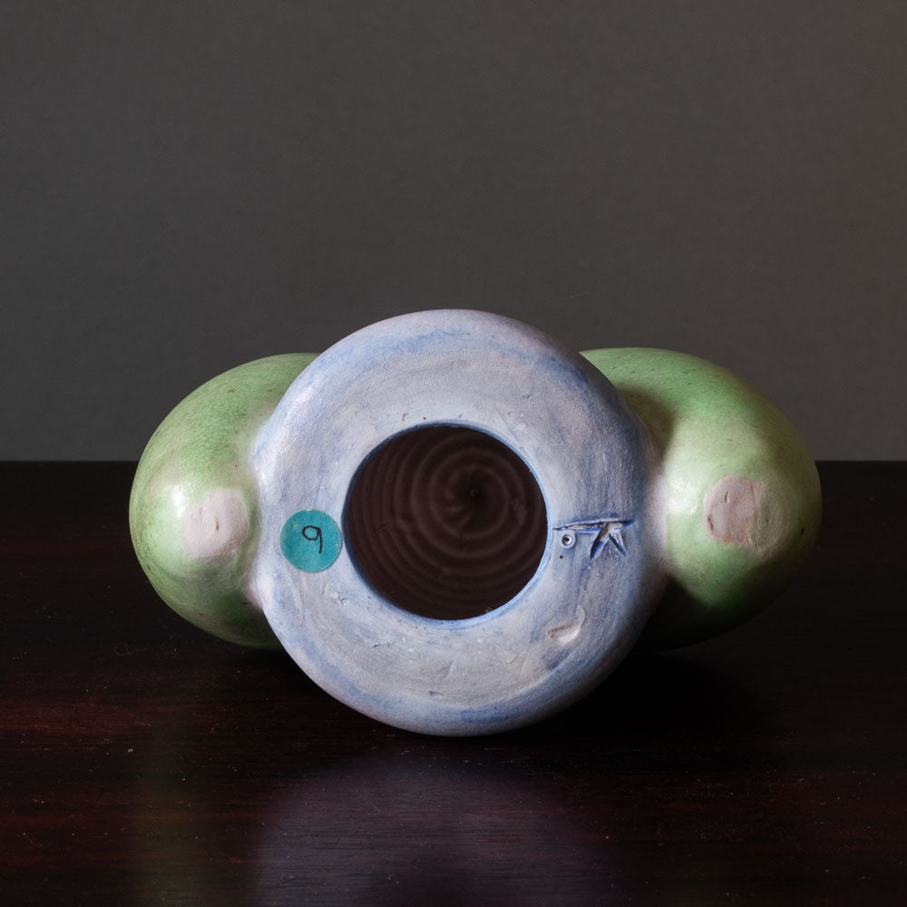 Beate Kuhn, Germany, unique sculptural vessel with green and blue matte glaze K2888
