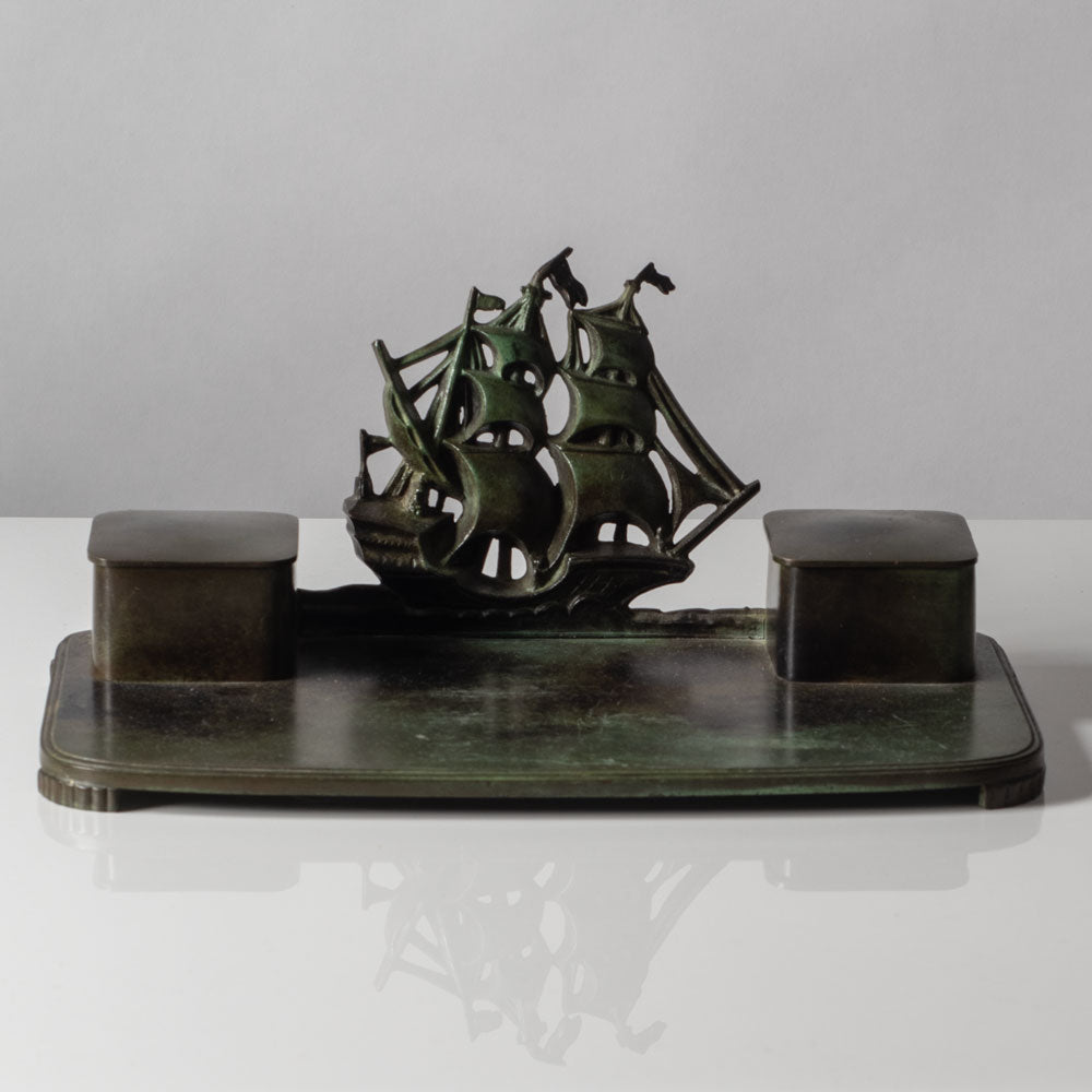 Just Andersen for GAB, Sweden, bronze double inkwell desk tray with ship figure K2762