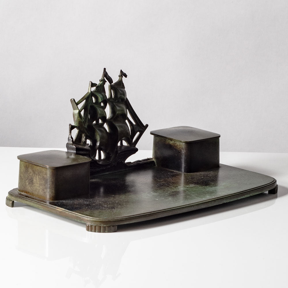 Just Andersen for GAB, Sweden, bronze double inkwell desk tray with ship figure K2762