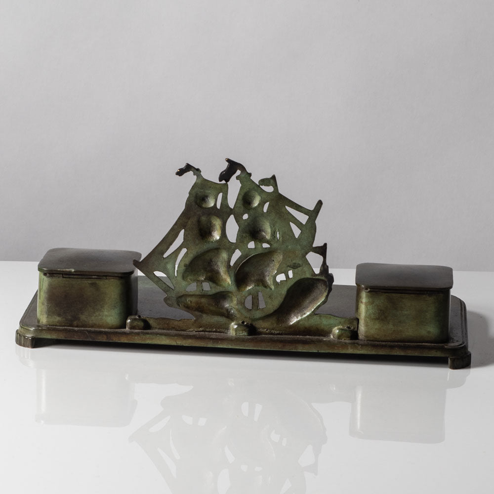 Just Andersen for GAB, Sweden, bronze double inkwell desk tray with ship figure K2762