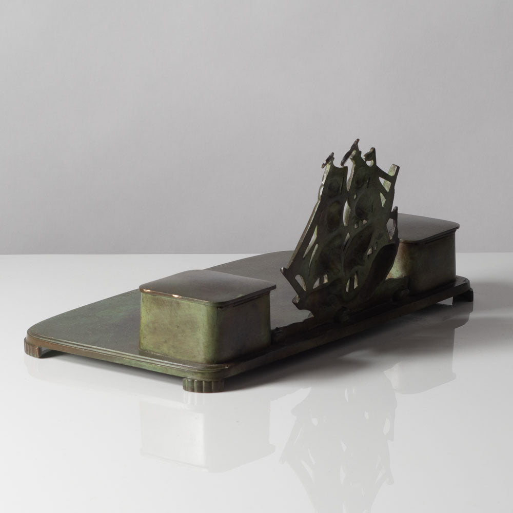 Just Andersen for GAB, Sweden, bronze double inkwell desk tray with ship figure K2762