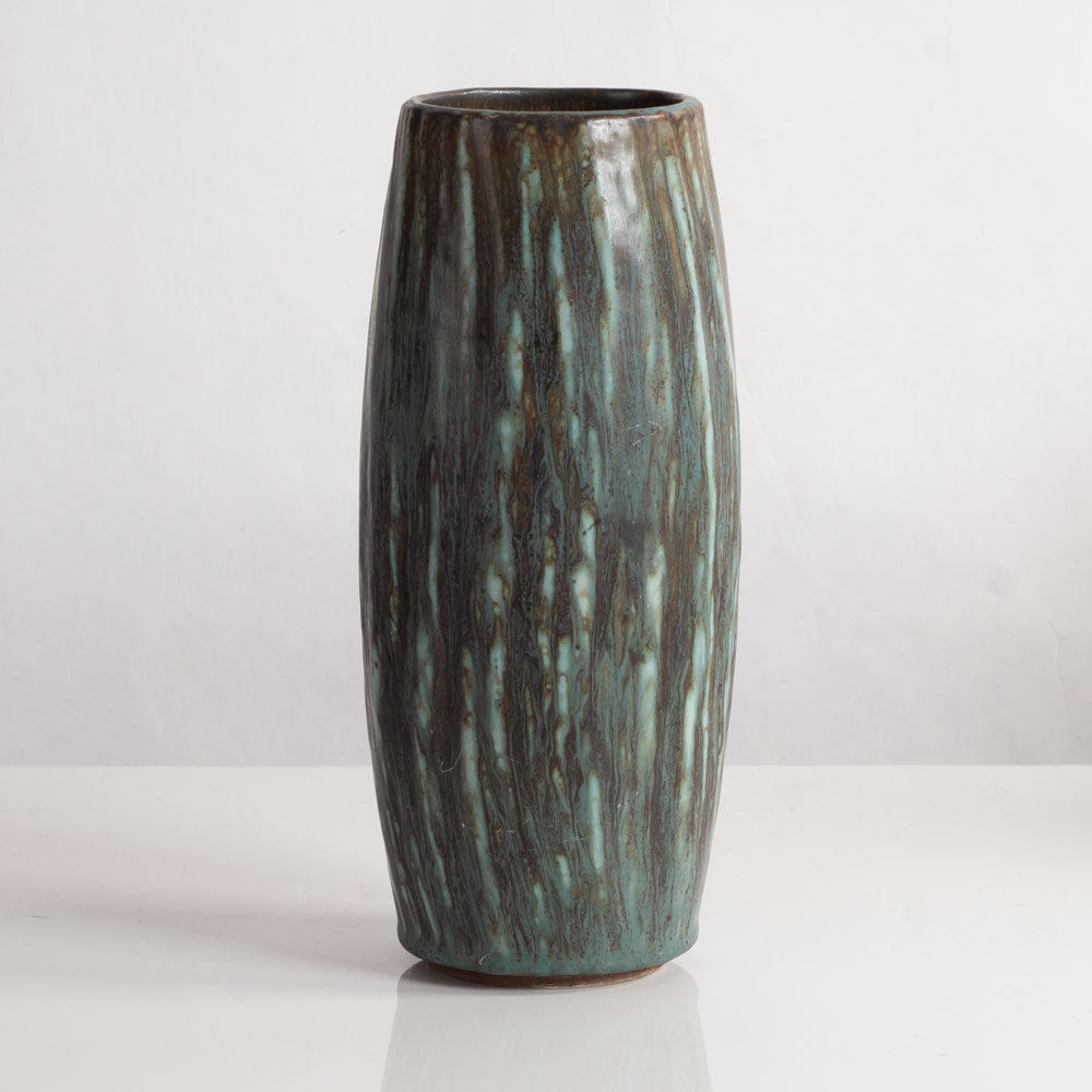 Gunnar Nylund for Rörstrand, Sweden, stoneware vase with striated green and brown glaze J1718