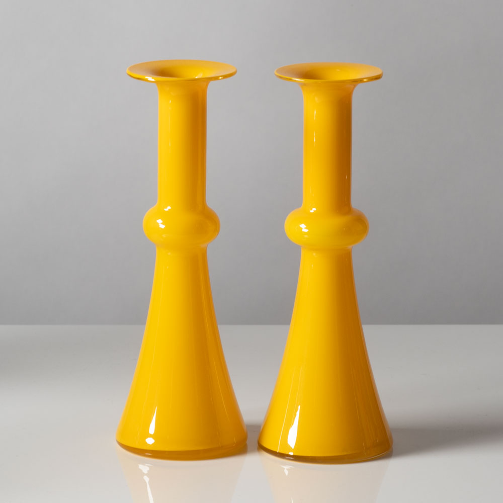Per Lutken for Holmegaard, Denmark, pair of "Carnaby" candlestick vases in yellow K2555 and 2556