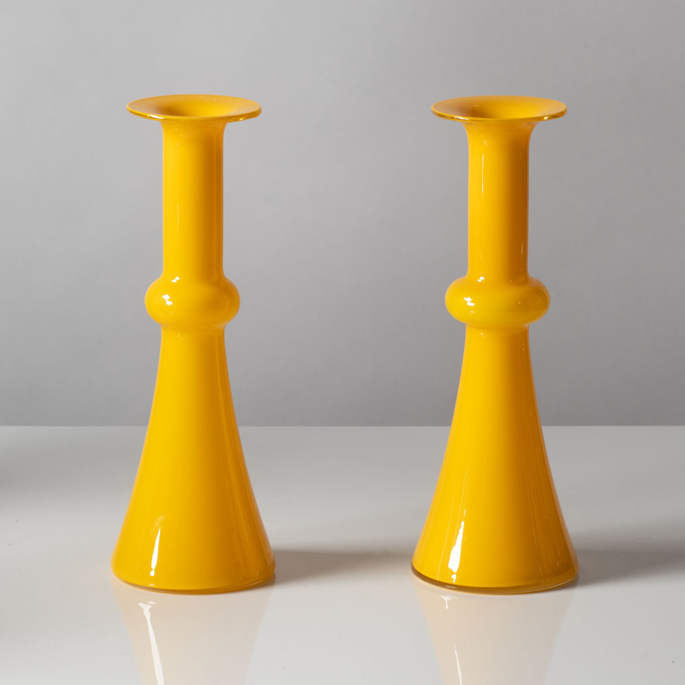 Per Lutken for Holmegaard, Denmark, pair of "Carnaby" candlestick vases in yellow K2555 and 2556