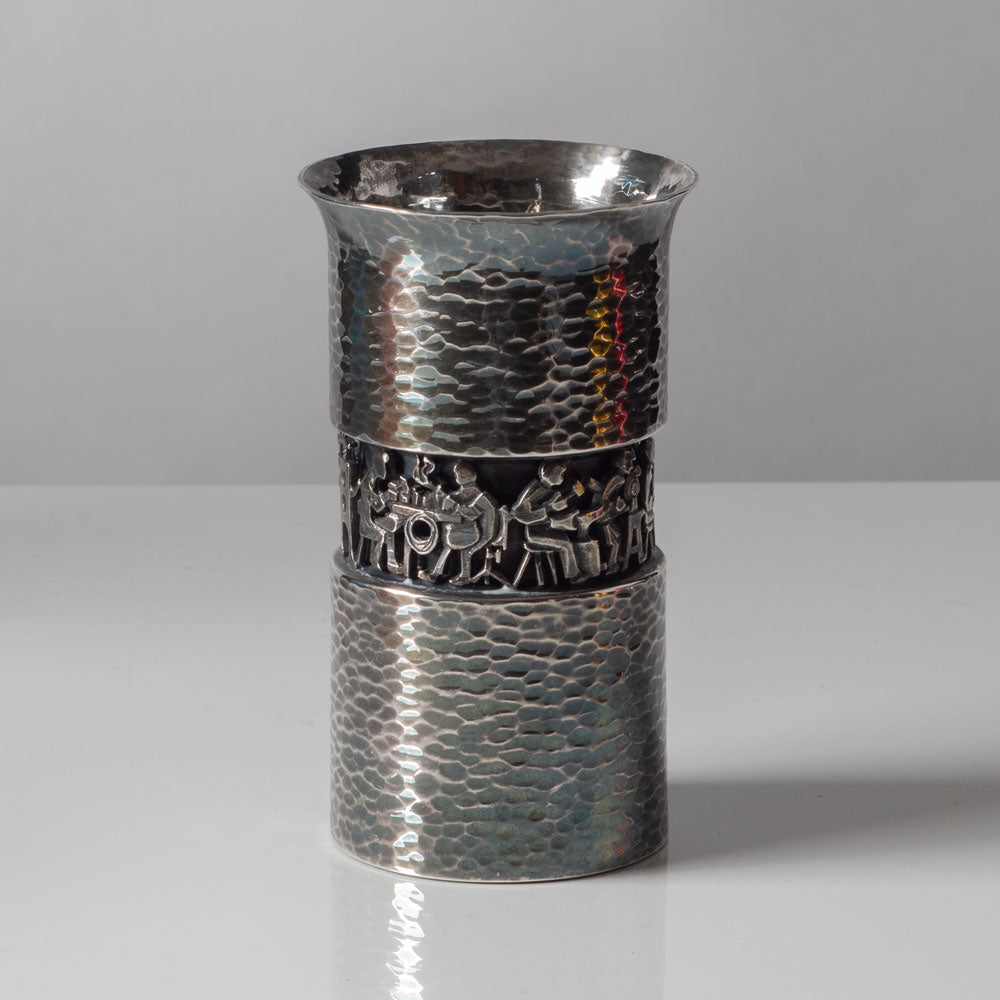 Eric Löfmann for Mema-GAB, Sweden, silver vase with hammered finish and scene in relief L3133