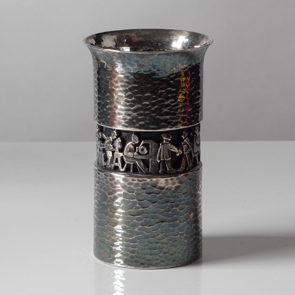 Eric Löfmann for Mema-GAB, Sweden, silver vase with hammered finish and scene in relief L3133