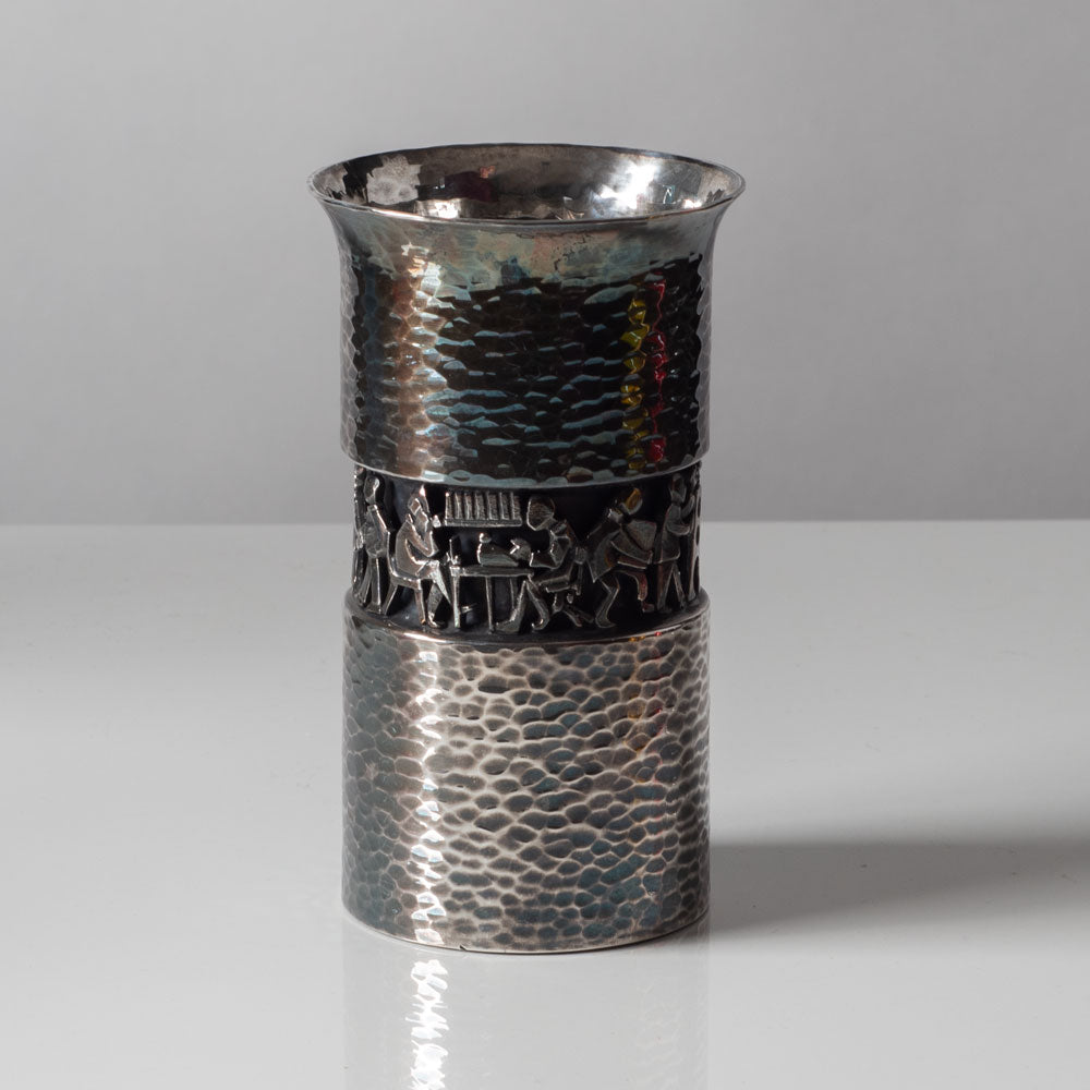 Eric Löfmann for Mema-GAB, Sweden, silver vase with hammered finish and scene in relief L3133