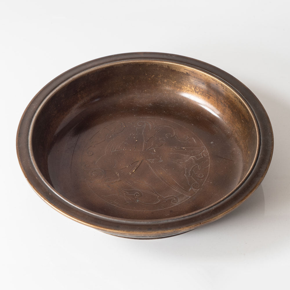 Just Andersen, Denmark, shallow bronze bowl with goldfish engraving to interior L3109