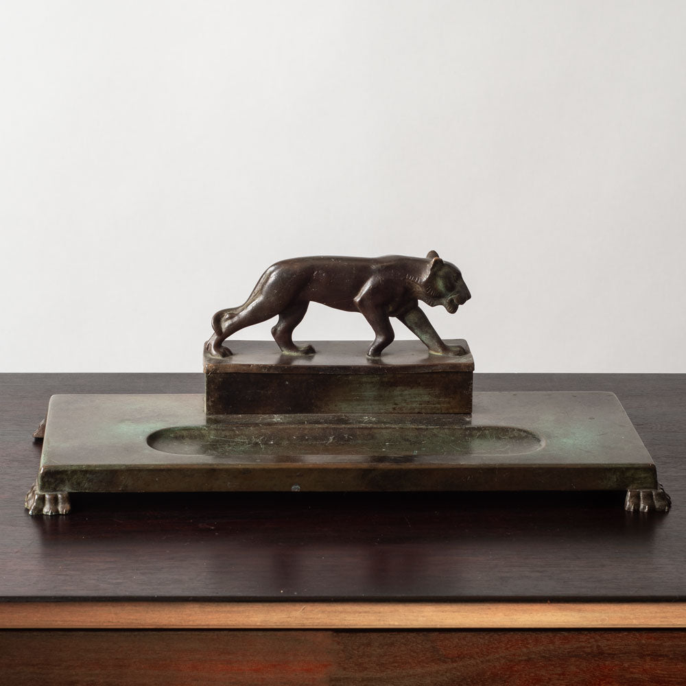Just Andersen for GAB, Sweden, large bronze double inkwell desk tray with lion figure k2765
