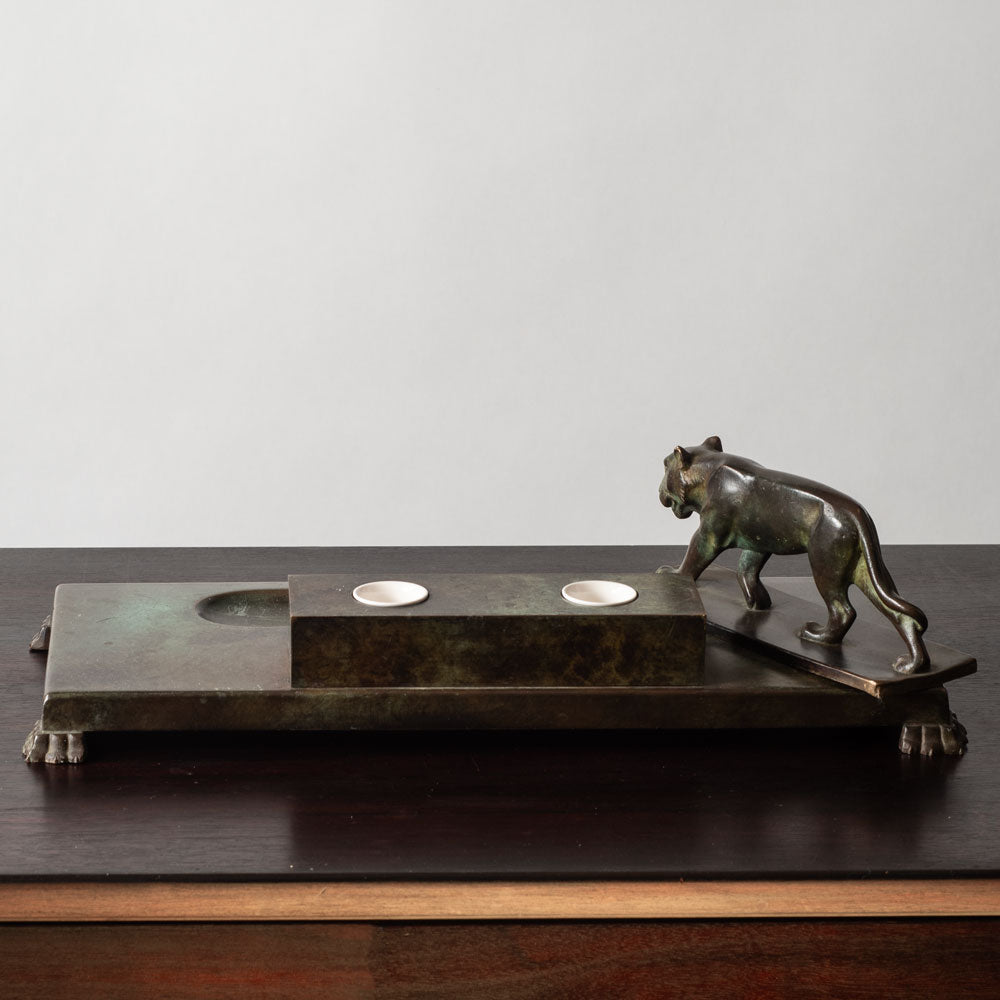 Just Andersen for GAB, Sweden, large bronze double inkwell desk tray with lion figure k2765